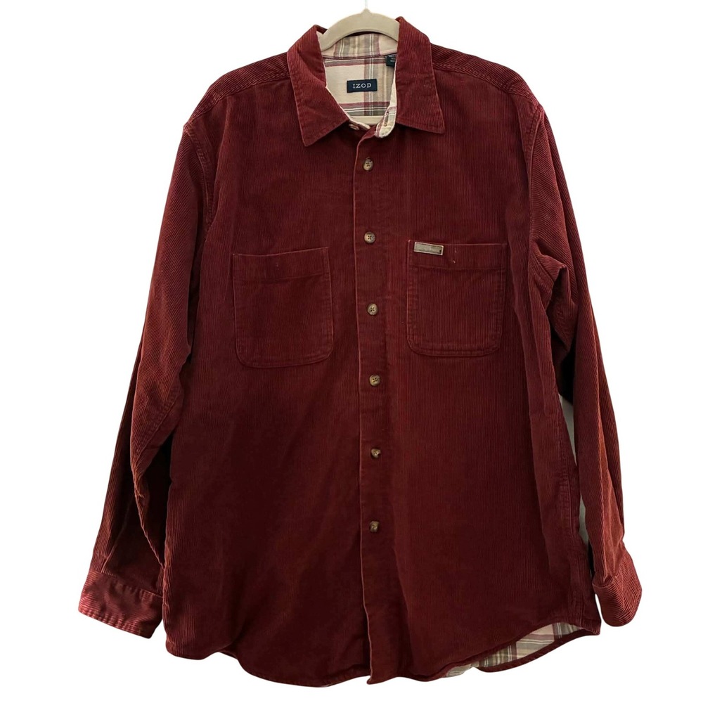 IZOD Corduroy Shirt Mens L Burgundy Red Flannel Lined Button Down Outdoor